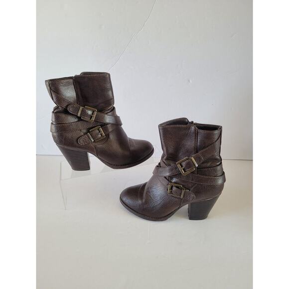 JUSTFAB Willena WMS 5.5 Boots Brown Mid Calf Block Heels Booties Buckle Zip - Picture 2 of 12
